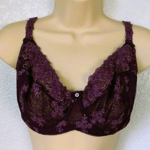 Felina 36DDD Bra Balconette Unlined Wire Lace Mesh Embroidered Purple